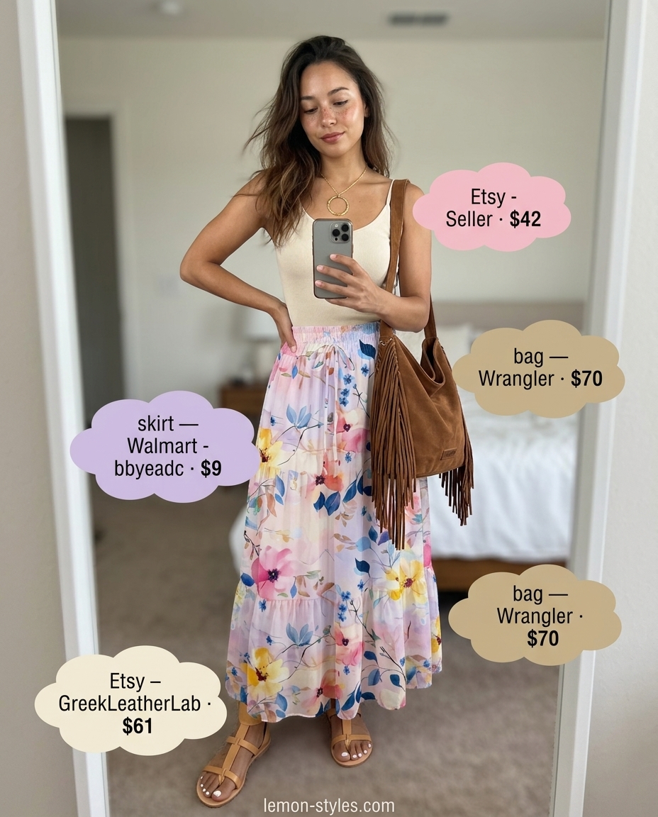 Boho Floral Summer Outfits 2026: Skirt & Crochet Top Boho floral summer outfits for women 2026: Floral maxi skirt, crochet halter top, gladiator sandals, and hobo bag.