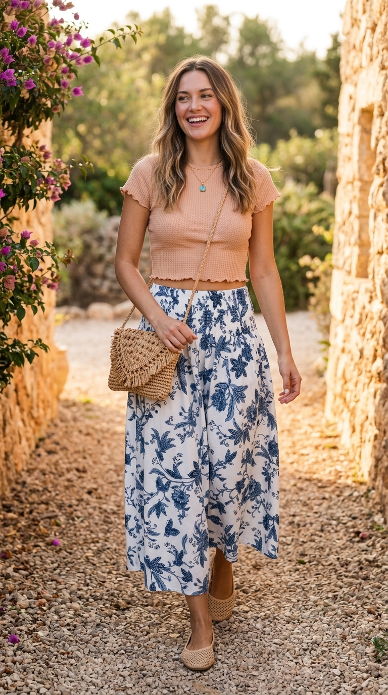Boho Floral Summer Outfits 2026: Crochet Top Boho floral summer outfits for women 2026: White floral mini skirt with crochet crop top for a summer concert.