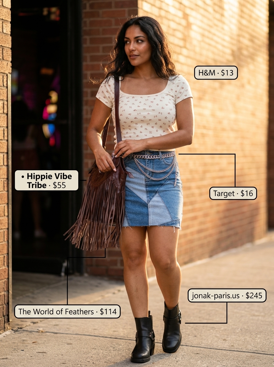 Boho Floral Summer Outfits 2026: Denim Skirt Boho floral summer outfits for women 2026: Patchwork denim skirt with floral tee and leather boots for street style.