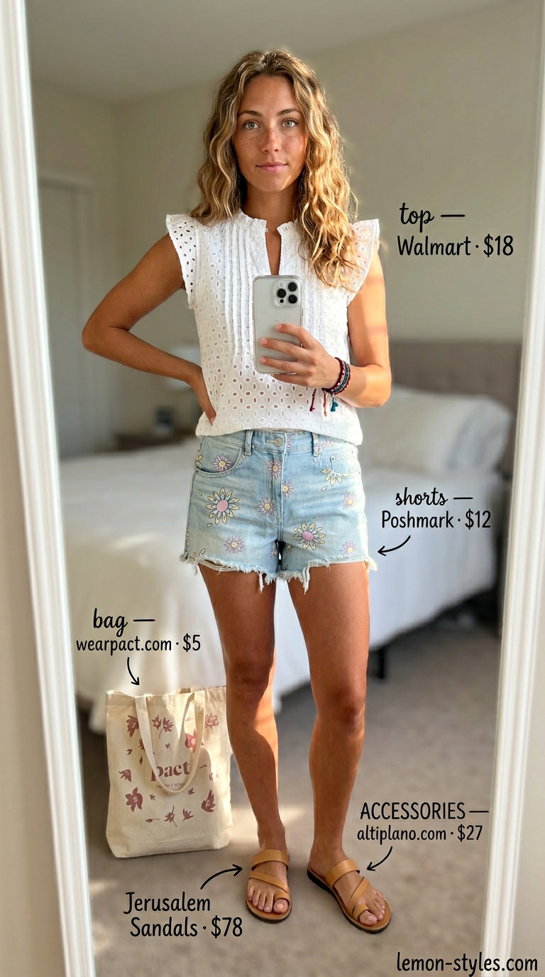 Boho Floral Summer Outfits 2026: Festival Ready Boho floral summer outfits for women 2026: Floral denim shorts with white eyelet blouse, slides & canvas tote.