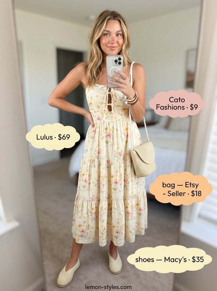 Boho Floral Summer Outfits 2026: Carefree Vibes Boho floral summer outfits for women 2026: Tiered floral sundress with straw bag, espadrille flats & bracelets.