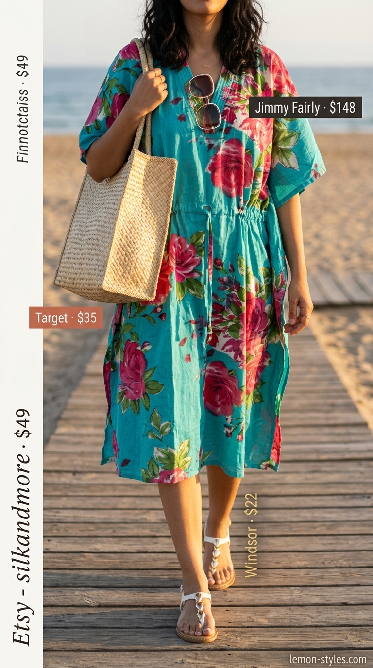 Boho floral summer outfits for women 2026: Teal floral kaftan dress for beach cover-up or casual day.