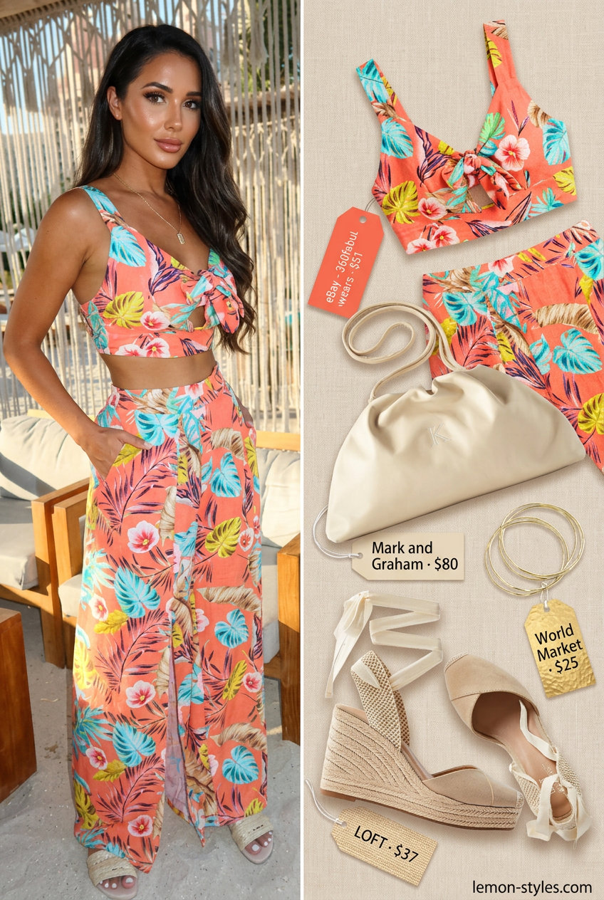 Boho Floral Summer Outfits 2026: Vacation Set Boho floral summer outfits for women 2026: Linen set with crop top, wide-leg pants, espadrilles & clutch.
