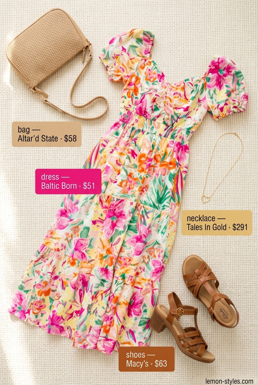 Boho Floral Summer Outfits 2026: Garden Party Chic Boho floral summer outfits for women 2026: Feminine midi dress in multicolor floral with raffia bag & block heels.
