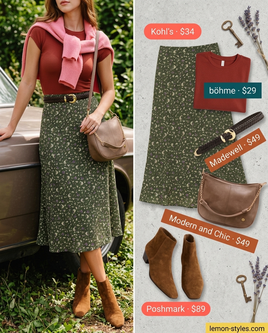 Boho Floral Summer Outfits 2026: Midi Skirt Chic Boho floral summer outfits for women 2026: Olive green floral midi skirt with rust knit top for an art gallery.