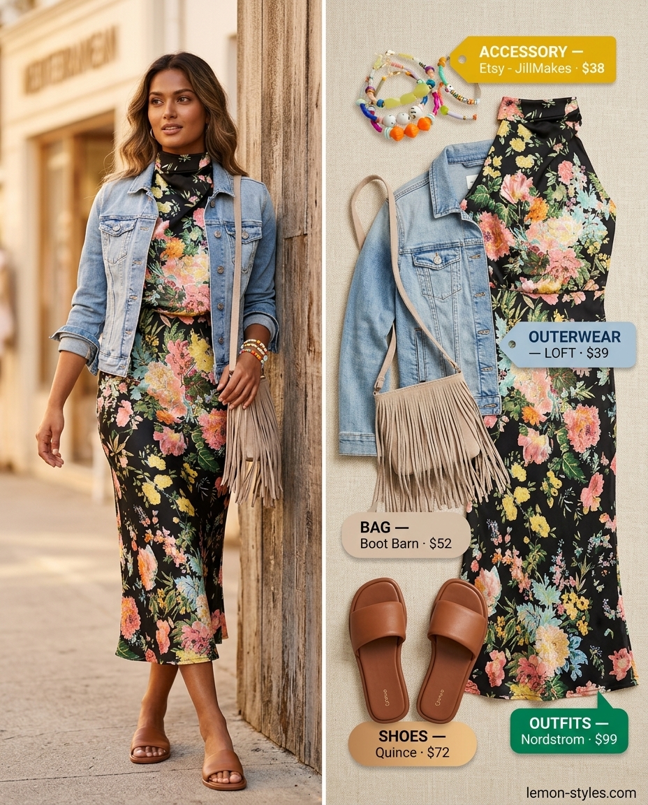 Boho Floral Summer Outfits 2026: Casual Day Look Boho floral summer outfits for women 2026: Multicolor floral mini sundress with denim jacket, tan crossbody bag & slides.