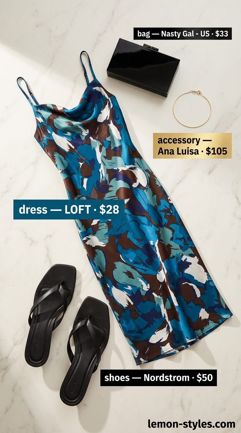 Bold summer fashion outfits for women 2026: Abstract print slip dress, black sandals, gold bracelet, black clutch.