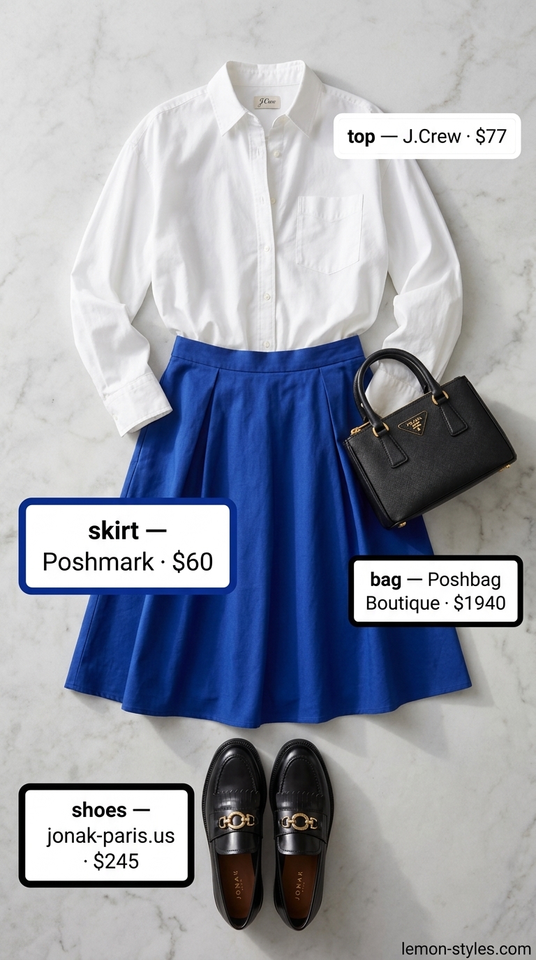 Bold summer fashion outfits for women 2026: Cobalt blue mini skirt, white oversized shirt, black loafers, black tote.