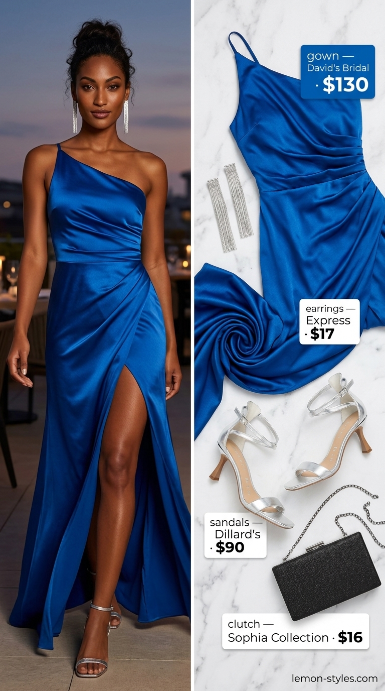 Bold summer fashion outfits for women 2026: Electric blue maxi dress, silver heels, statement earrings for formal style.