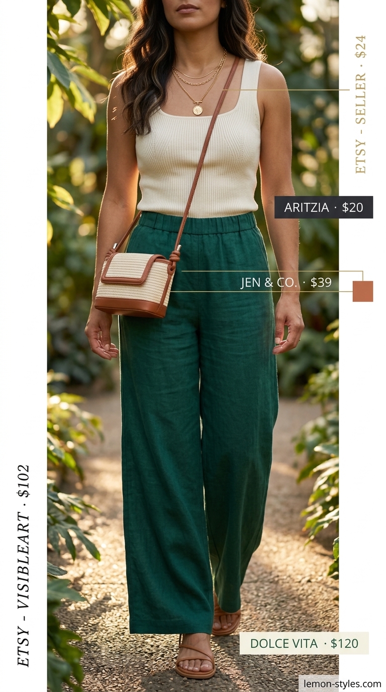 Bold summer fashion outfits for women 2026: Emerald green wide-leg pants, cream tank, gold jewelry for festival style.