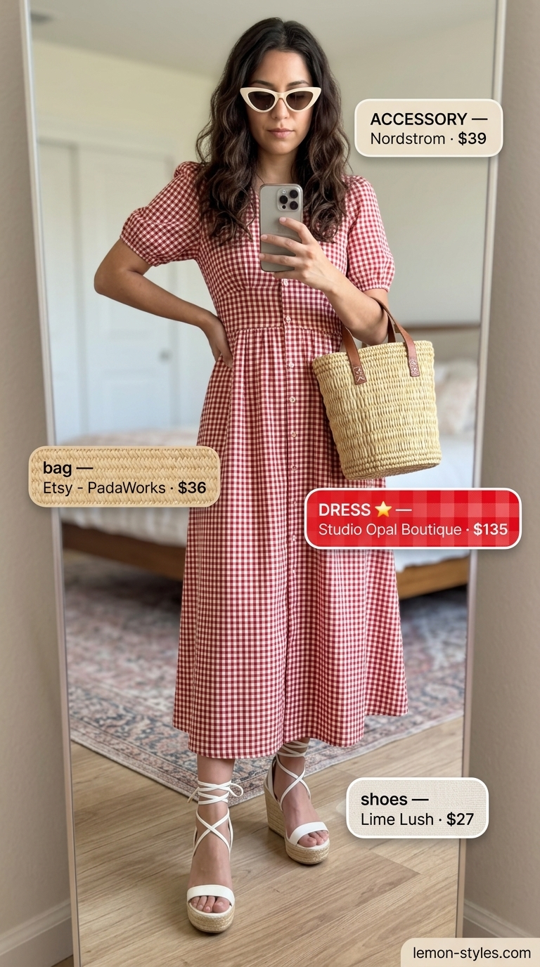 Bold summer fashion outfits for women 2026: Gingham shirt dress, espadrilles, straw bag for playful picnic style.