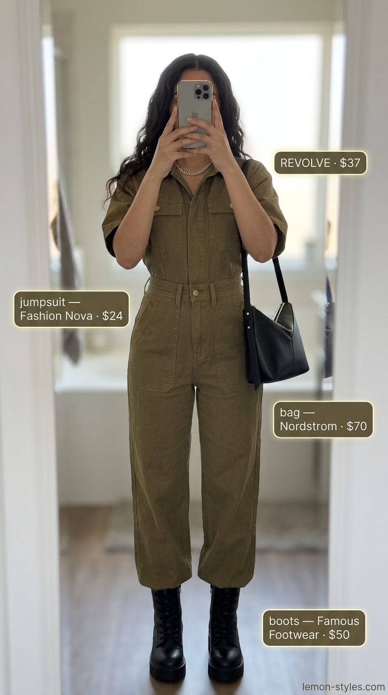Bold summer fashion outfits for women 2026: Khaki utility jumpsuit, combat boots, silver necklace for edgy city style.