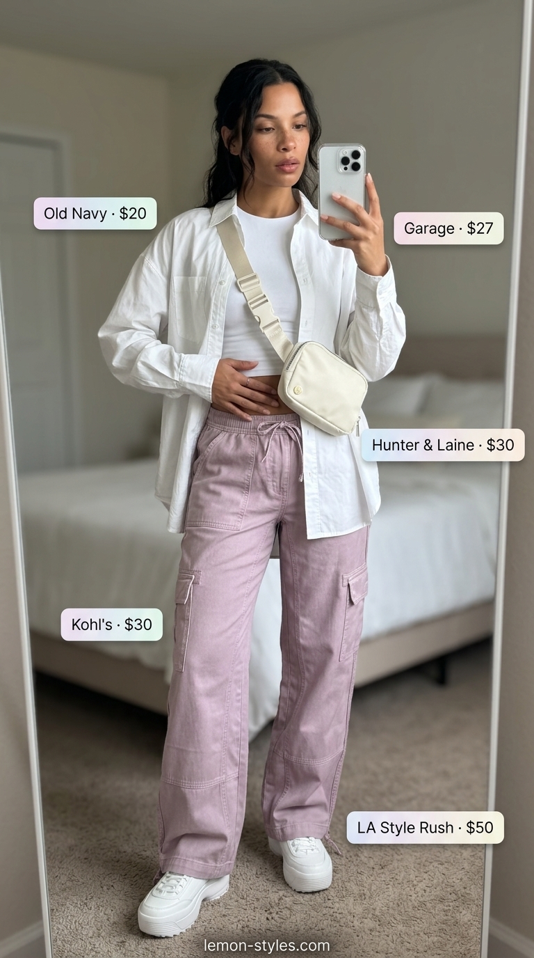 Bold summer fashion outfits for women 2026: Lilac cargo pants, oversized shirt, sneakers for trendy urban style.