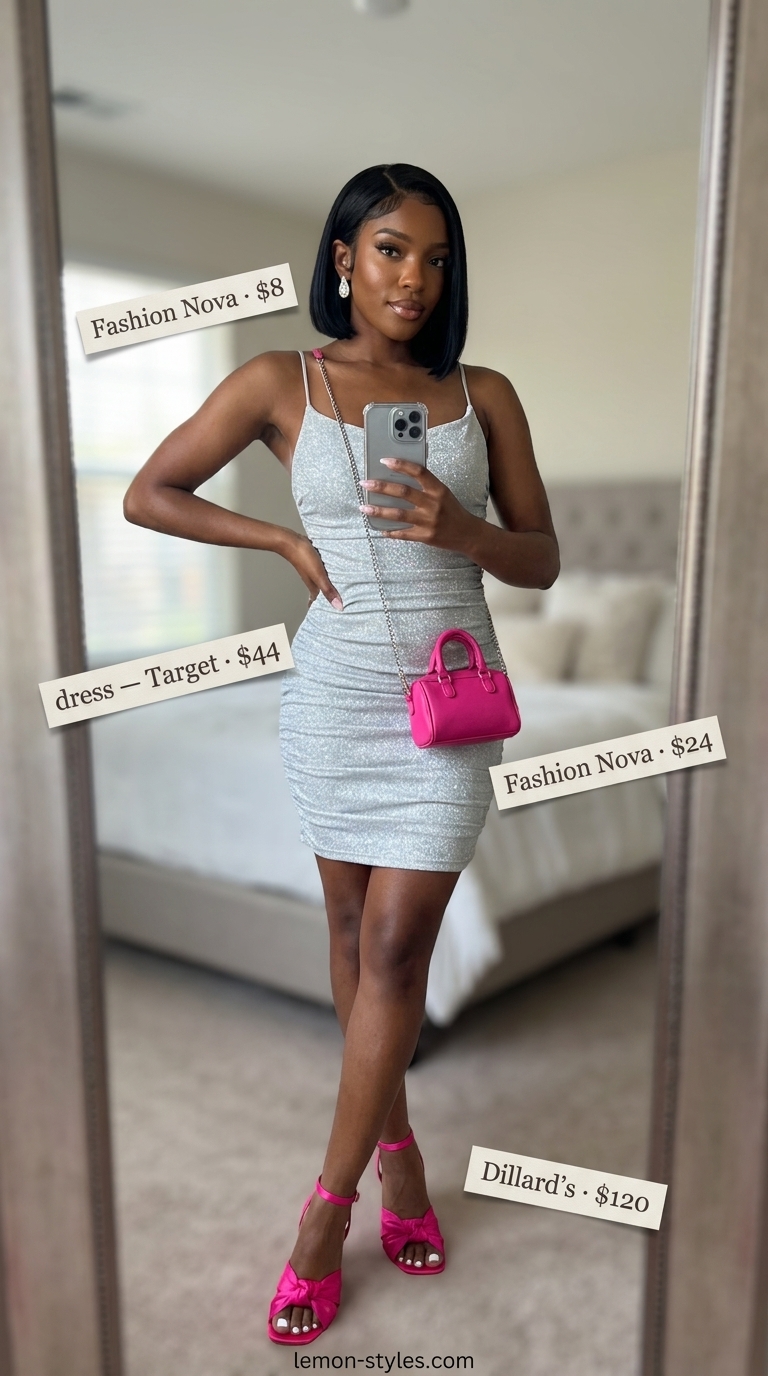 Bold summer fashion outfits for women 2026: Metallic silver mini dress, hot pink heels, bag for daring night out style.