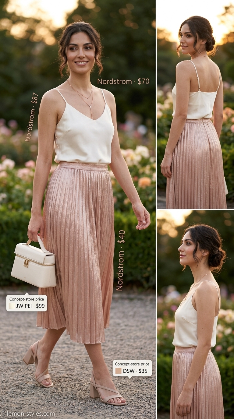 Bold summer fashion outfits for women 2026: Rose gold metallic skirt, ivory camisole, nude sandals, pearl bag.