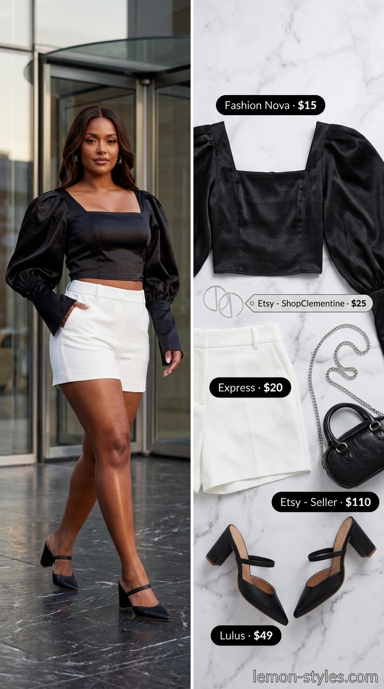 Bold summer fashion outfits for women 2026: Black puff sleeve top, white tailored shorts, black mules, silver earrings.