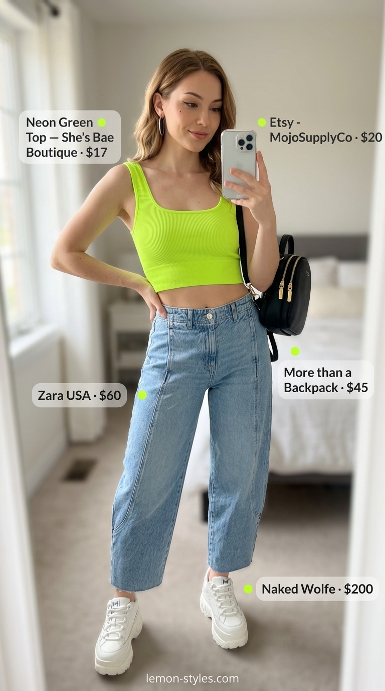 Bold summer fashion outfits for women 2026: Neon green crop top, denim barrel jeans, chunky sneakers for cool street style.