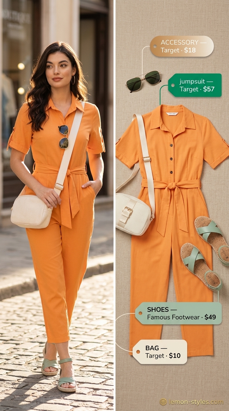 Bold summer fashion outfits for women 2026: Sunset orange utility jumpsuit, khaki sandals, canvas belt bag, aviators.