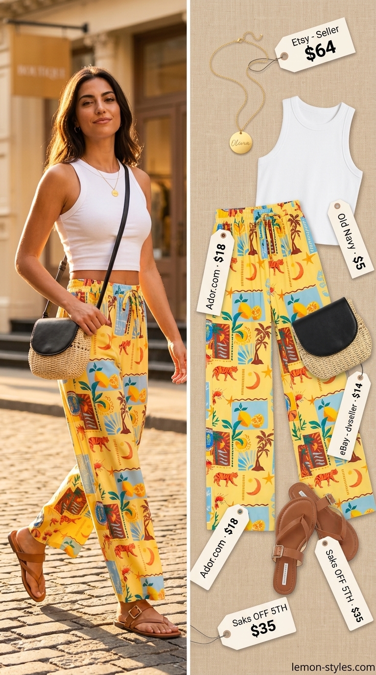 Bold summer fashion outfits for women 2026: Tropical palazzo pants, white crop top, tan sandals, straw bag.