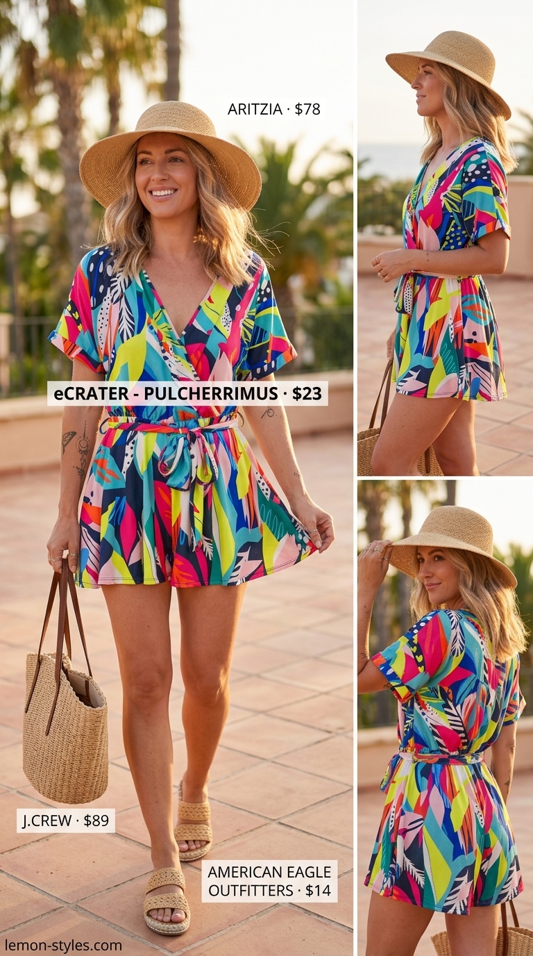 Bold summer fashion outfits for women 2026: Tropical print romper, straw hat, espadrilles, straw tote bag.