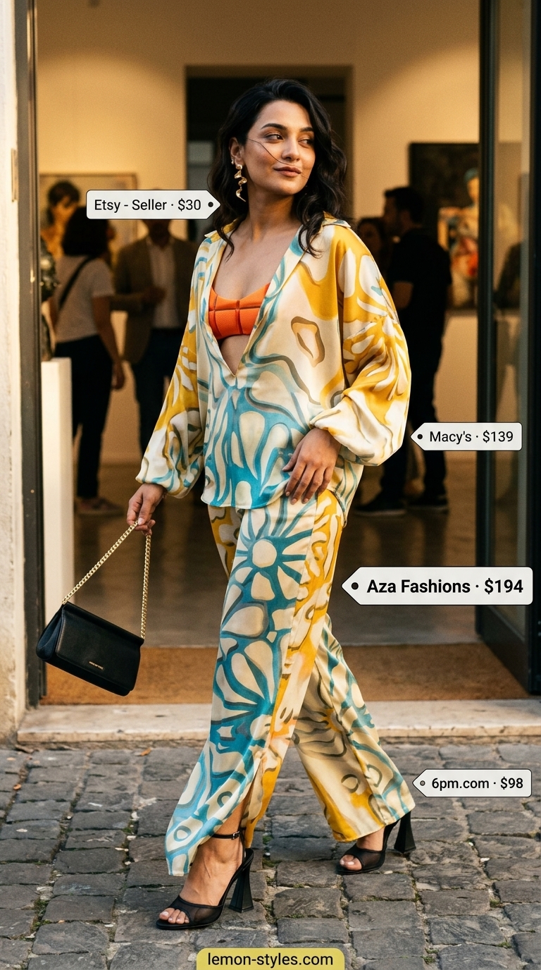 Bold summer fashion outfits for women 2026: Abstract print satin set in teal, yellow, rust, black with gold earrings and black heels.
