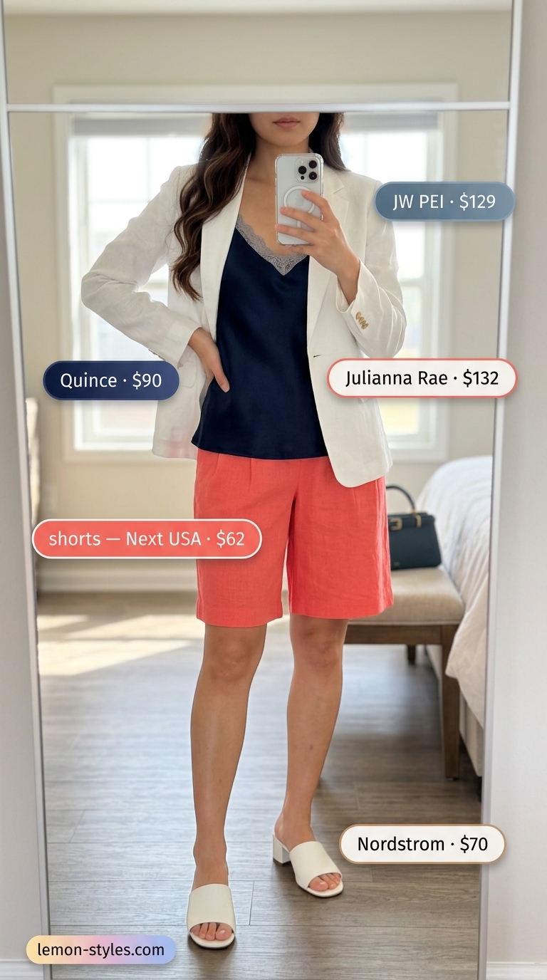 Bold summer fashion outfits for women 2026: Bright coral linen shorts, navy camisole, white blazer, and white slide sandals.