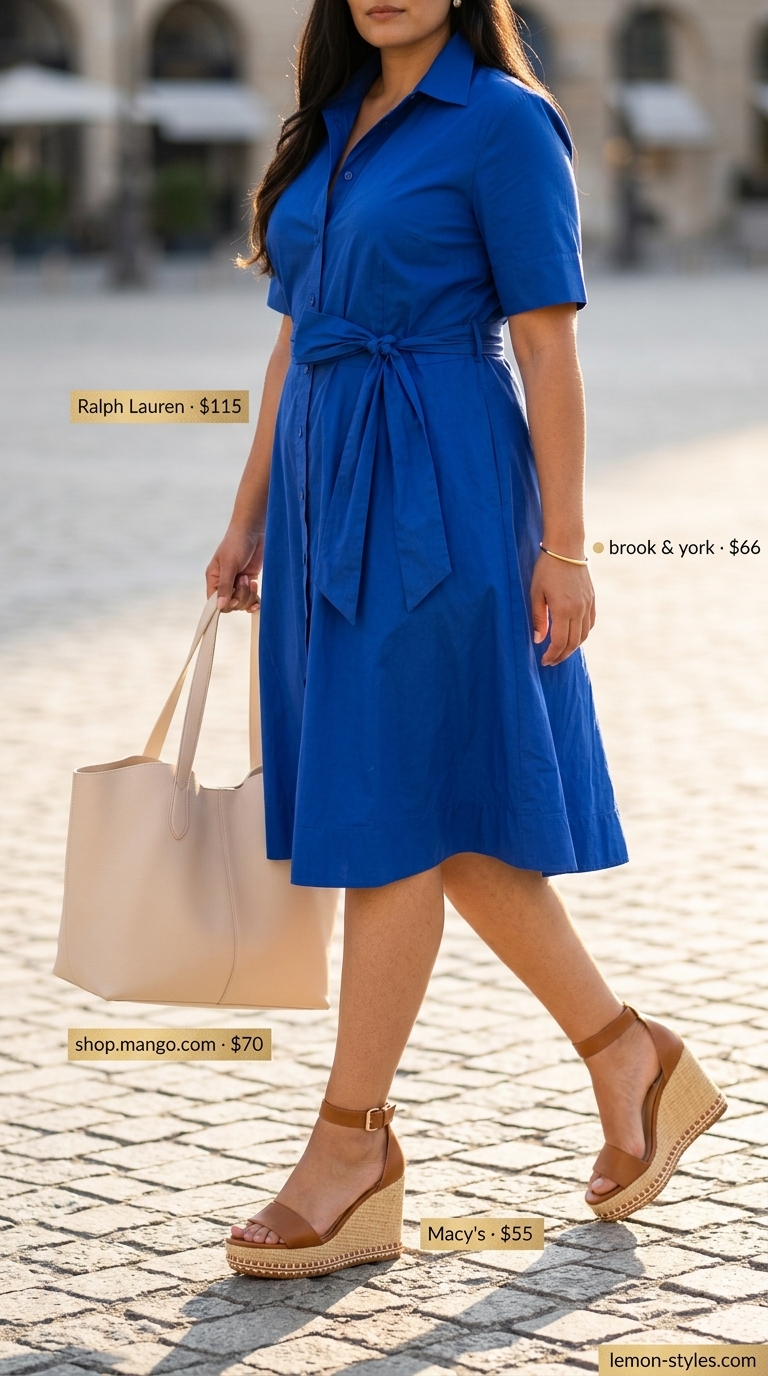 Bold summer fashion outfits for women 2026: Royal blue shirtdress, tan wedge espadrilles, white tote bag, and gold bangle.