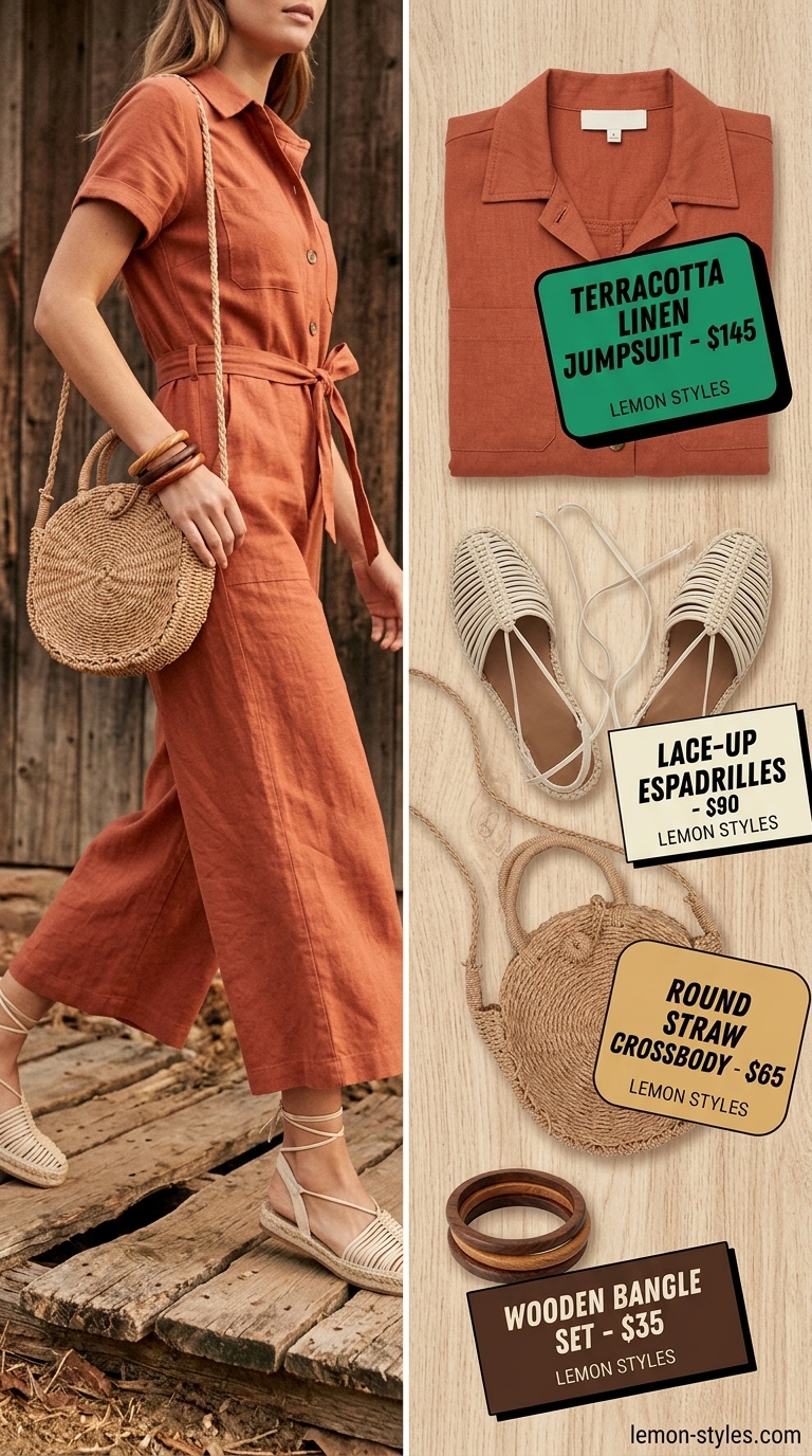 Bold summer fashion outfits for women 2026: Terracotta orange utility jumpsuit, cream espadrilles, wood bangles, and straw bag.