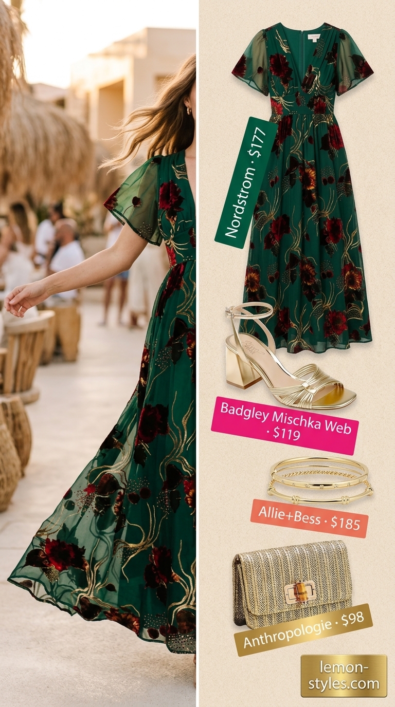 Bold summer fashion outfits for women 2026: Emerald green tropical maxi dress, gold sandals, gold bangles, and straw clutch.