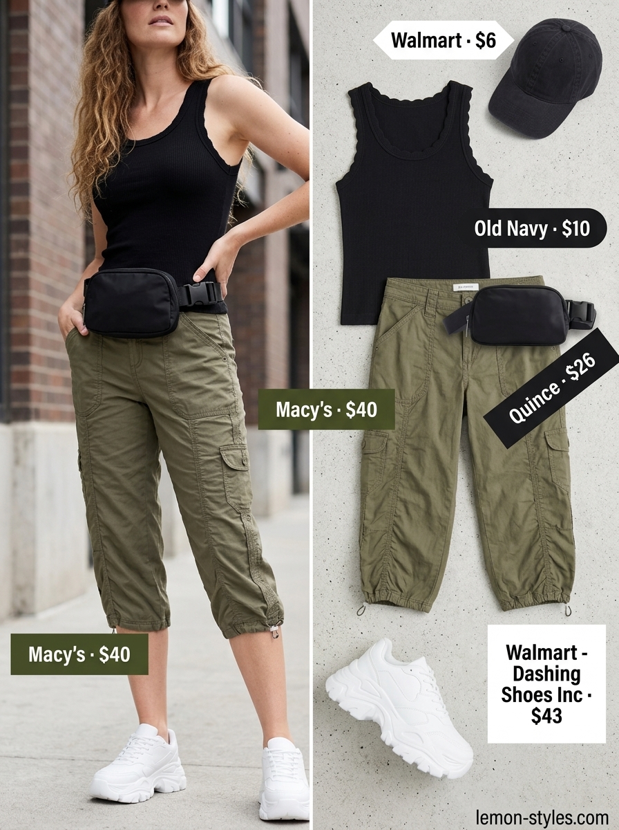 Olive green cropped cargo pants with a black tank top and chunky sneakers for a trendy look.