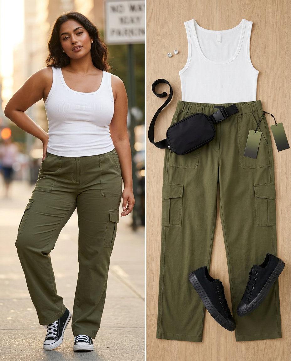 Casual maternity summer outfits 2026: Khaki cargo pants, white tank, belt bag, and canvas sneakers.