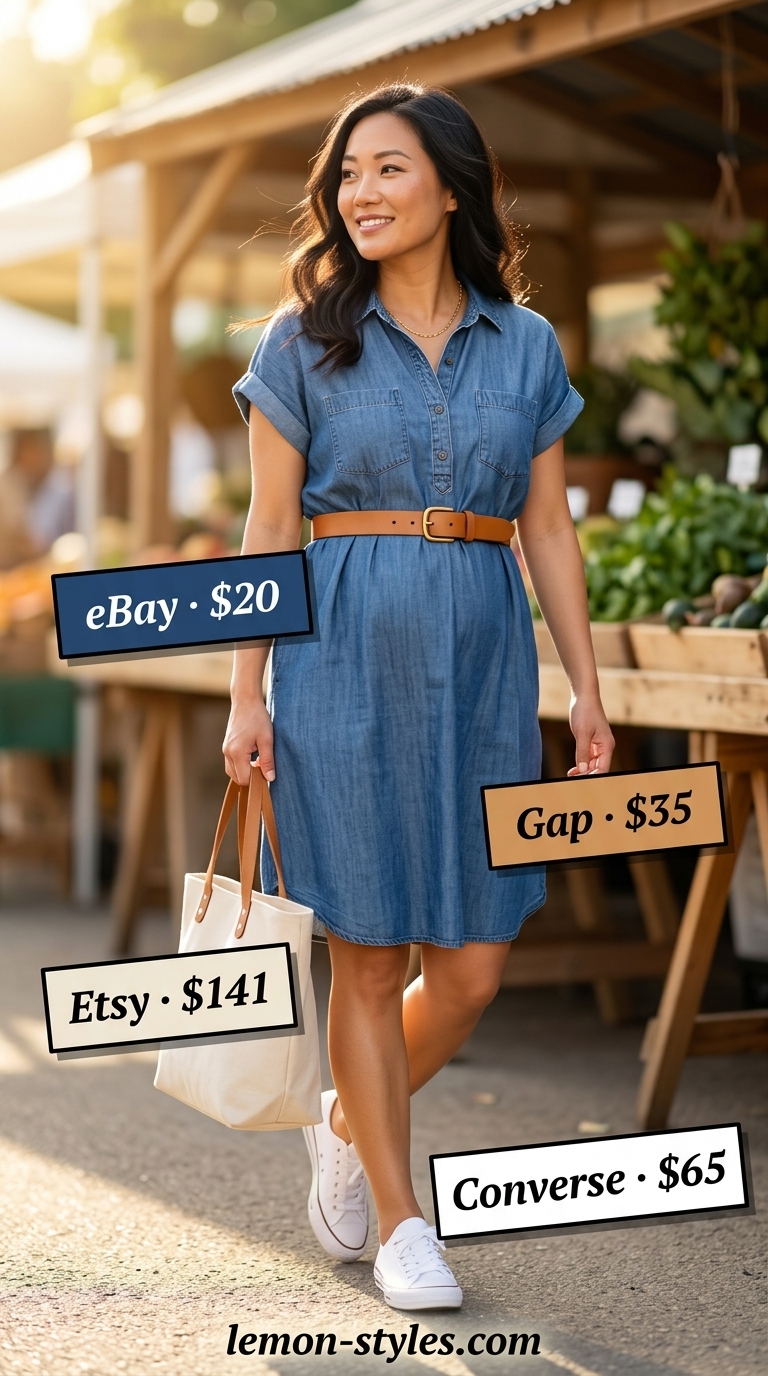 Casual maternity summer outfits 2026: Chambray shirt dress with white sneakers and tan tote for a relaxed day.