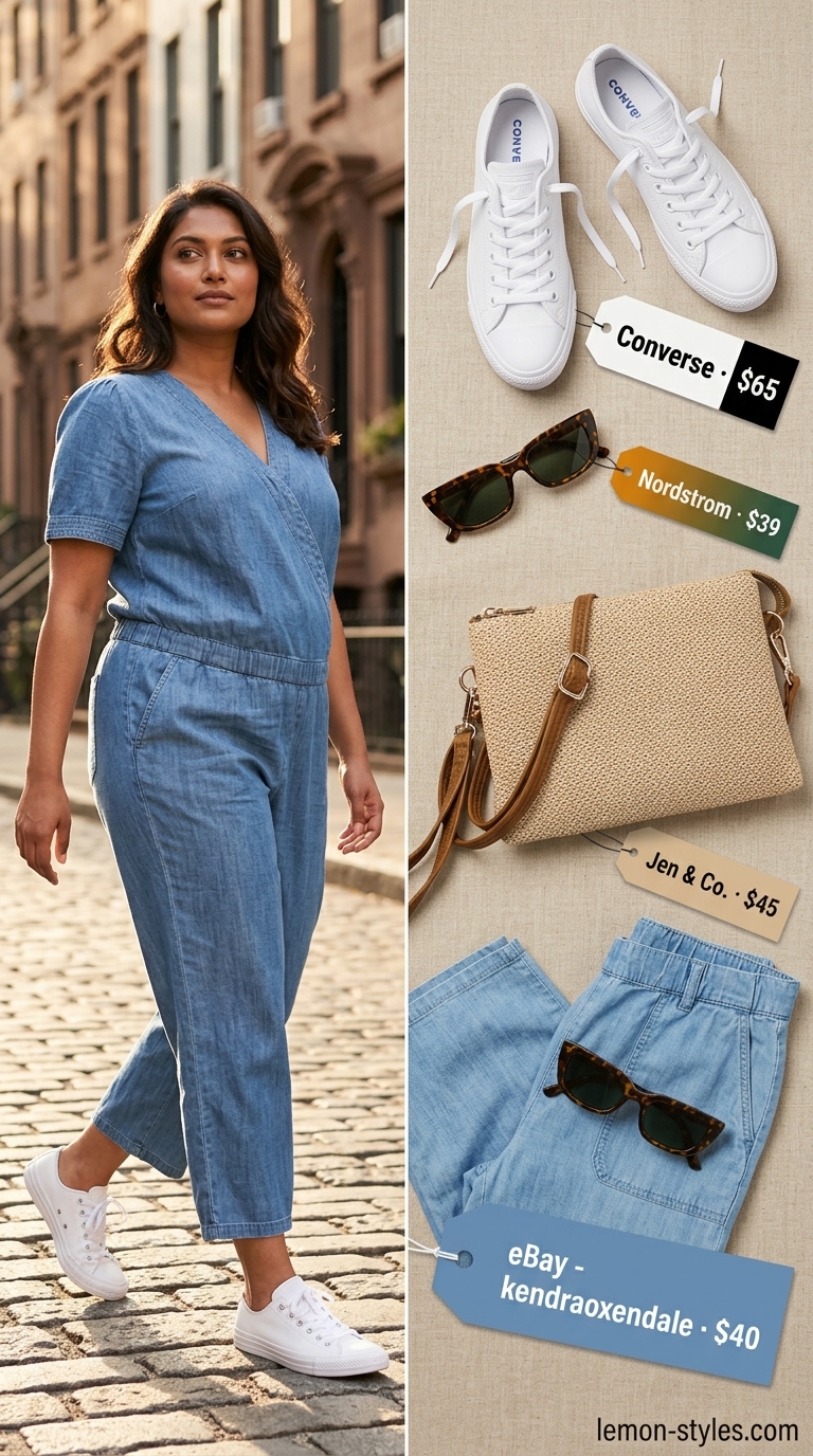 Casual maternity summer outfits 2026: Chambray jumpsuit with white sneakers, straw bag, and sunglasses.