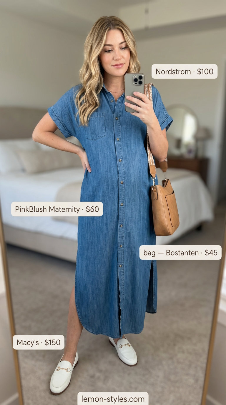 Casual maternity summer outfits 2026: Chambray shirt dress, white loafers, tan crossbody bag, and gold necklace.
