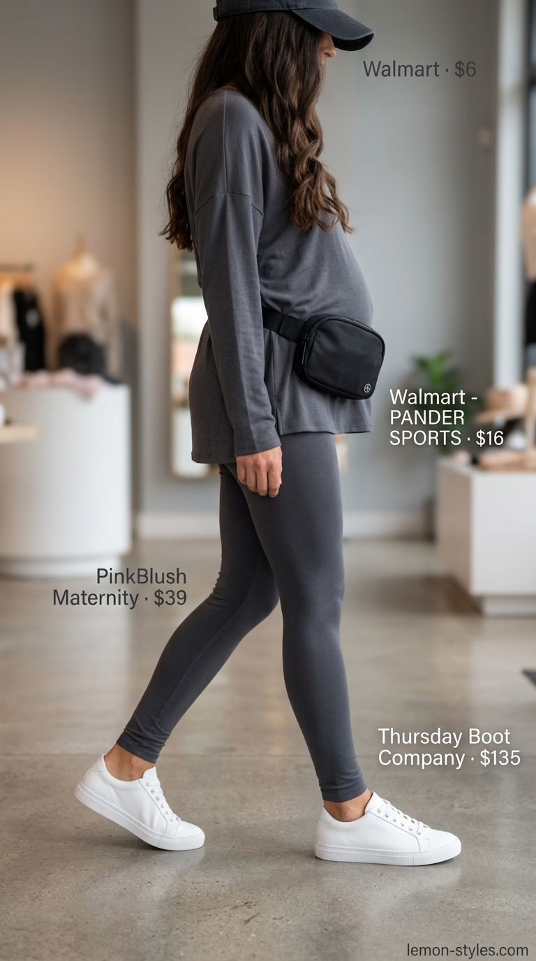 Casual maternity summer outfits 2026: Charcoal grey knit set with leggings, sweater, belt bag, cap, and sneakers.