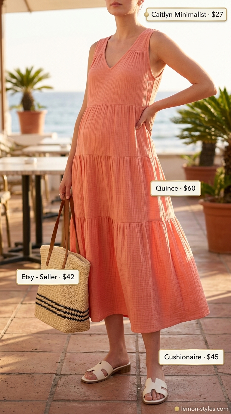 Casual maternity summer outfits 2026: Coral maxi dress, flat sandals, straw tote, and gold earrings.