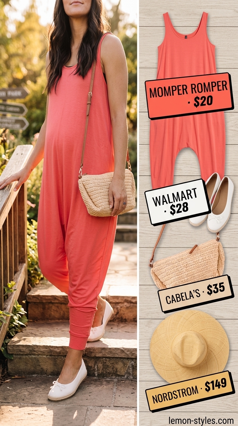 Casual maternity summer outfits 2026: Coral pink romper, straw crossbody bag, straw hat, and espadrille flats.