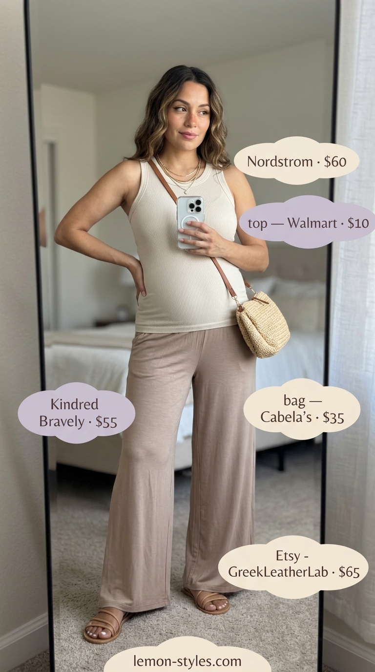 Casual maternity summer outfits 2026: Cream wide-leg pants, beige tank top, straw crossbody bag, and gold necklaces.