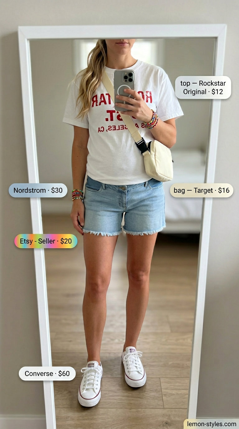 Casual maternity summer outfits 2026: Denim cutoff shorts, graphic tee, white sneakers, and crossbody bag.