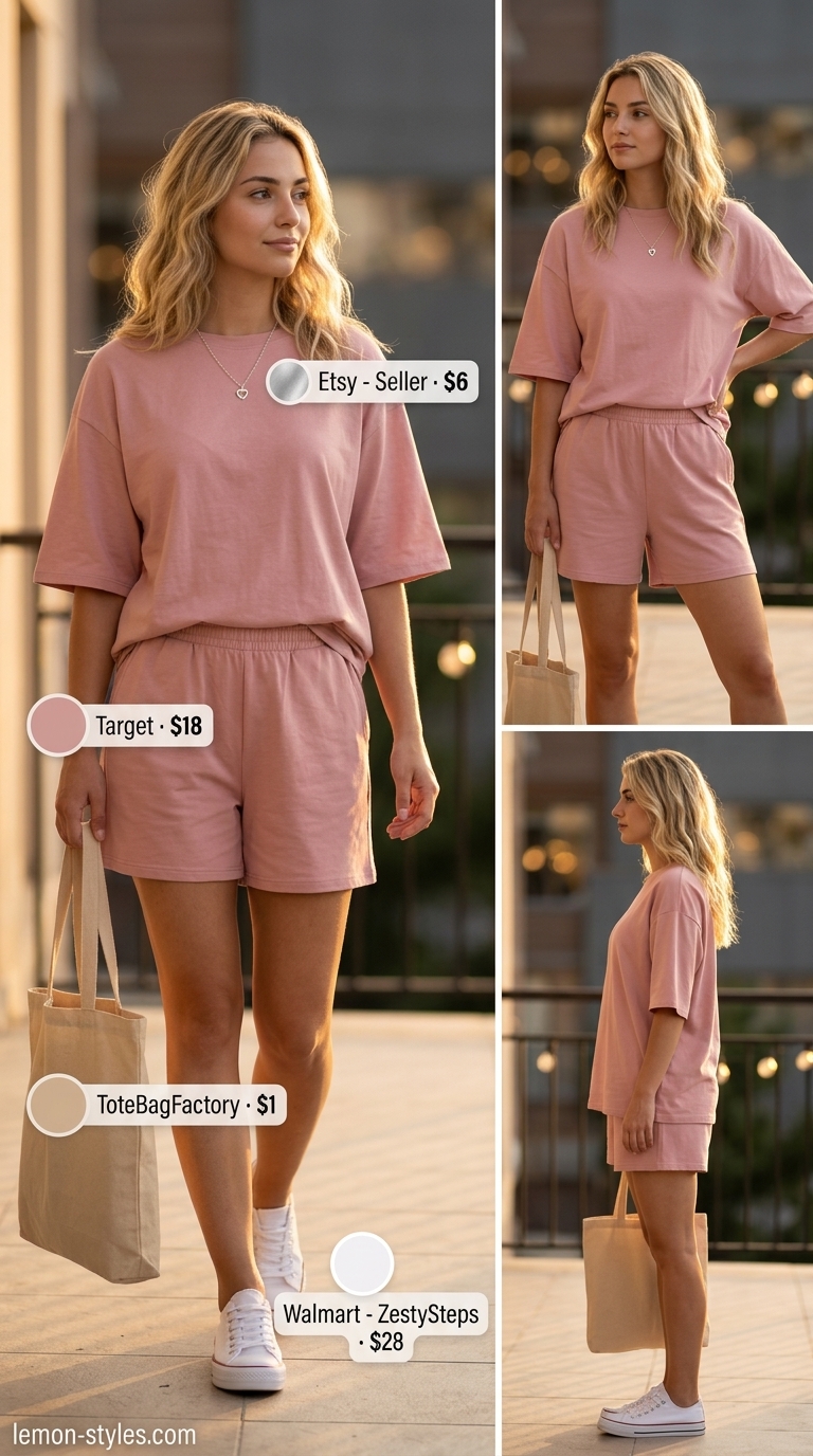 Casual maternity summer outfits 2026: Dusty rose knit shorts set, white sneakers, and canvas tote.
