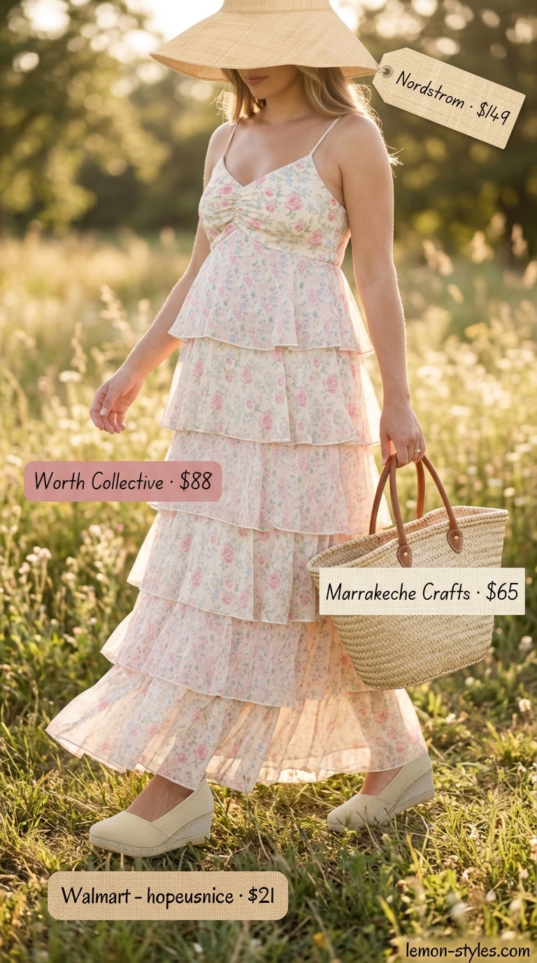Casual maternity summer outfits 2026: Floral maxi dress with straw hat, tote bag, and espadrille wedges.