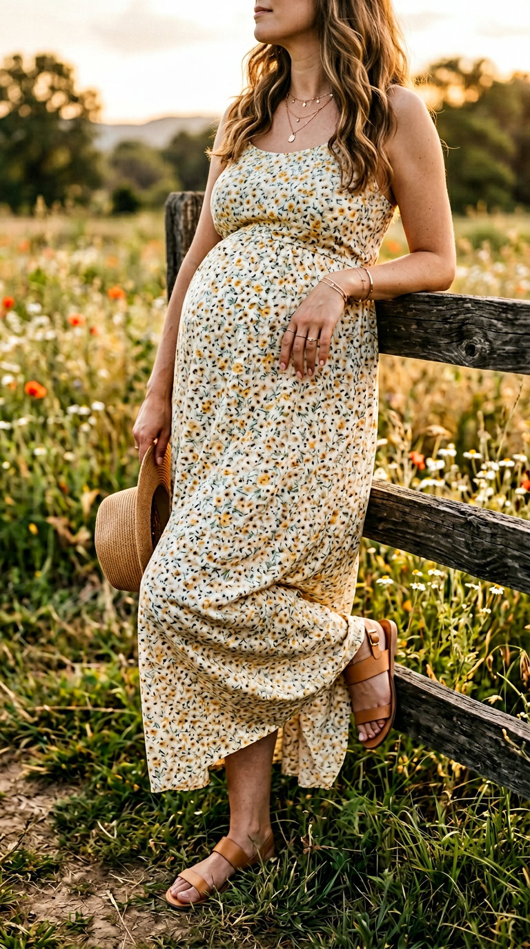 Casual maternity summer outfits 2026: Pastel floral maxi dress with straw tote and flat sandals.