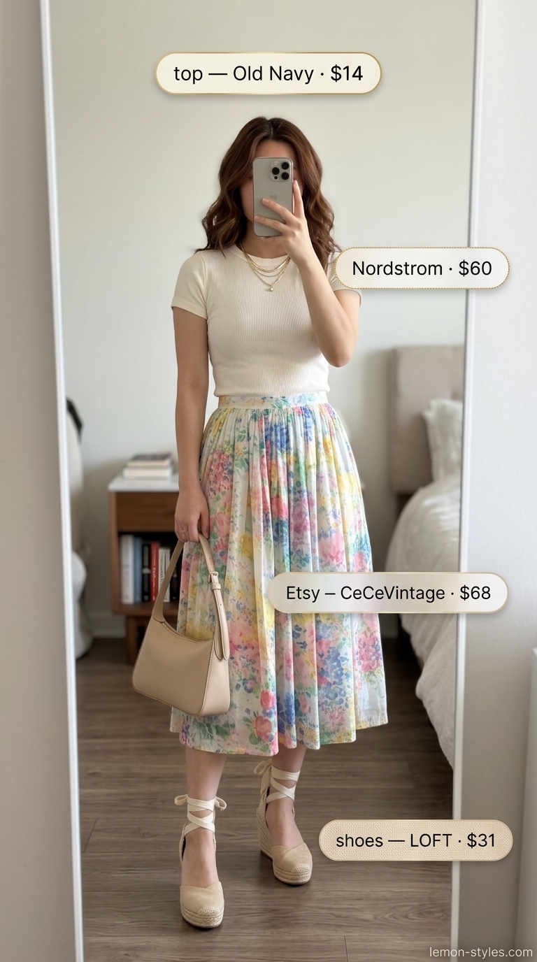 Casual maternity summer outfits 2026: Floral midi skirt, white tee, espadrille wedges, and crossbody bag.