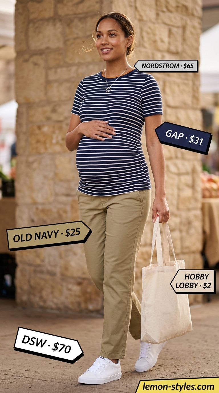 Casual maternity summer outfits 2026: Khaki twill pants, striped tee, white sneakers, and canvas tote.