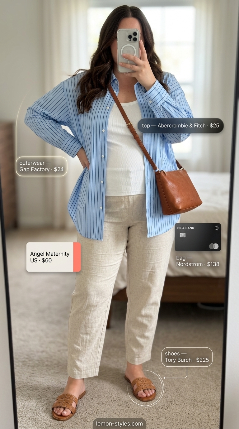 Casual maternity summer outfits 2026: Beige linen pants, white tank, light blue linen shirt, crossbody bag, and sandals.