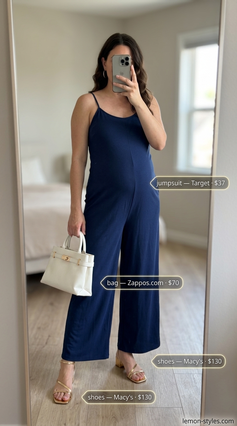 Casual maternity summer outfits 2026: Navy wide-leg jumpsuit with gold earrings, white tote, and block sandals.