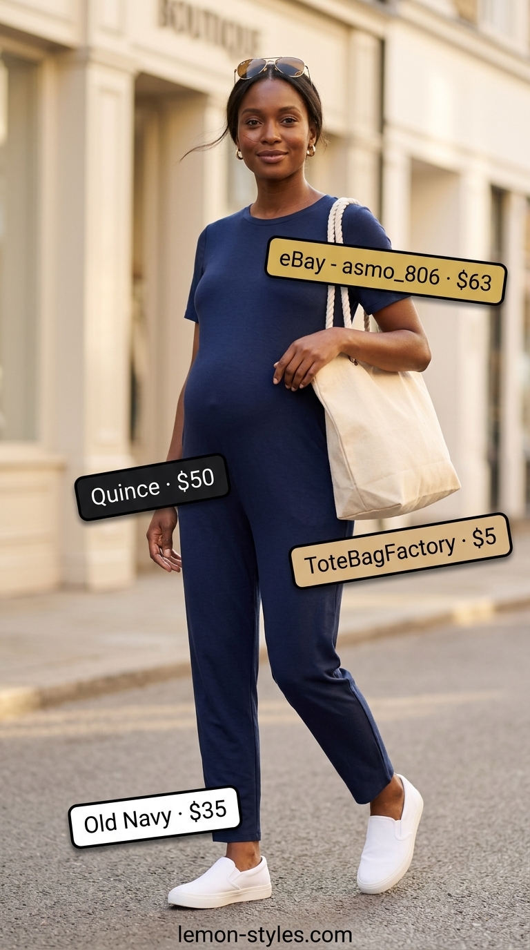 Casual maternity summer outfits 2026: Navy jersey jumpsuit with white sneakers and gold sunglasses for easy style.