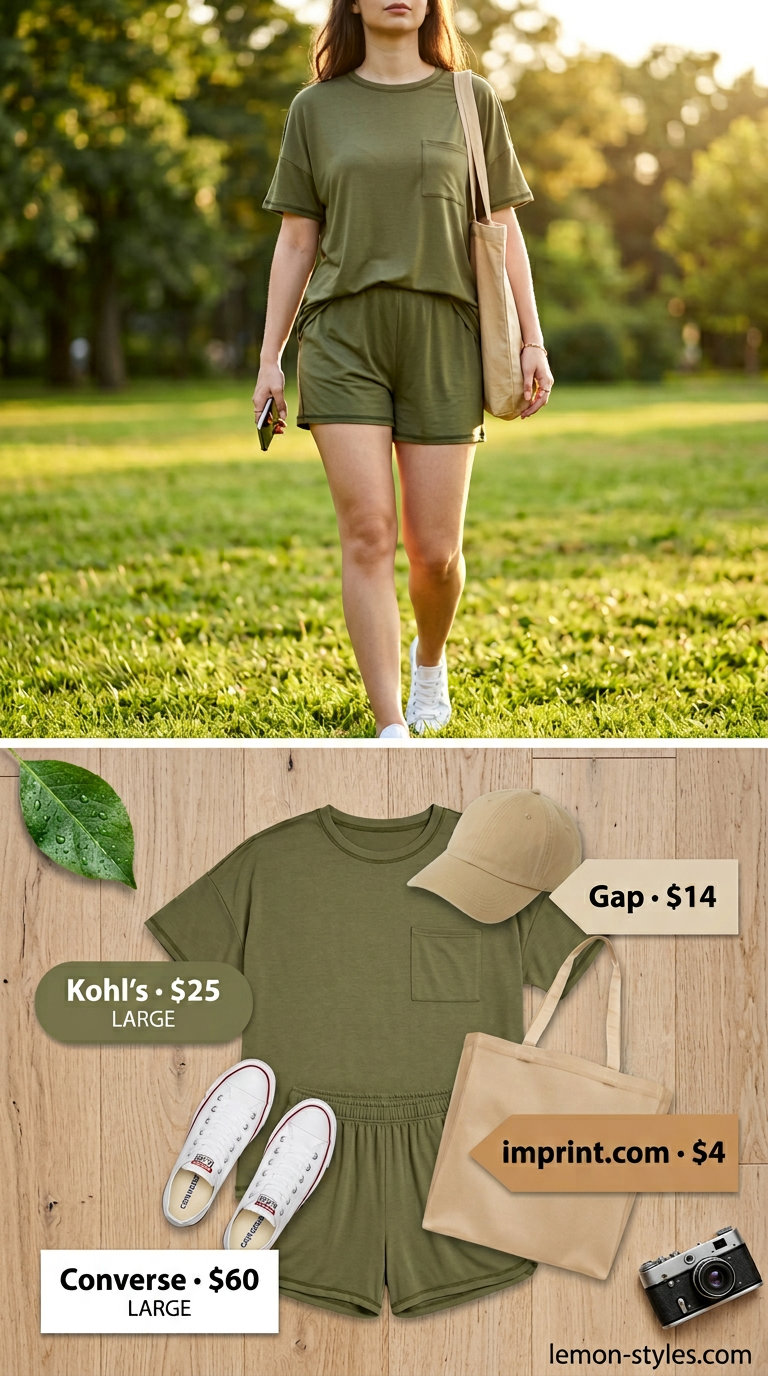 Casual maternity summer outfits 2026: Olive green oversized tee and shorts set with canvas tote and cap.