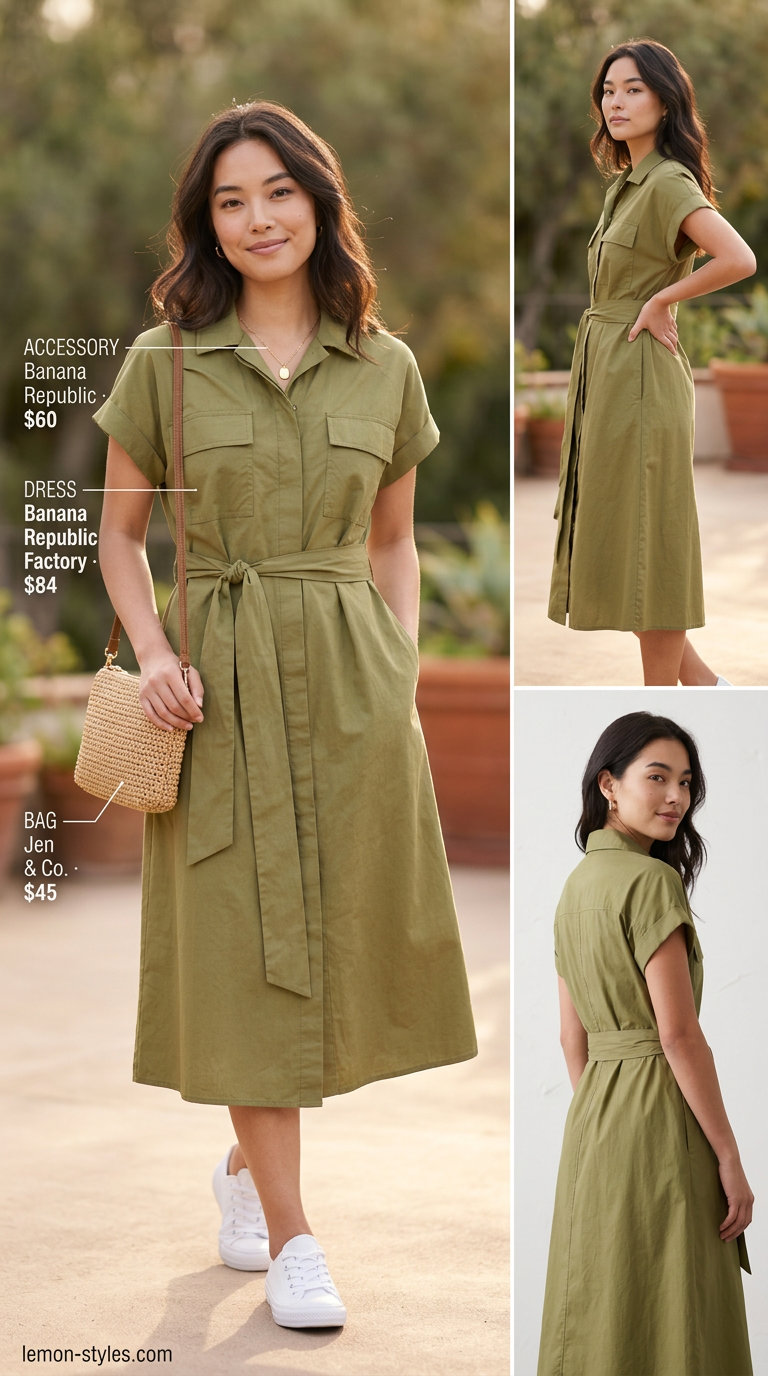 Casual maternity summer outfits 2026: Olive green shirtdress with white sneakers, crossbody bag, and necklace.