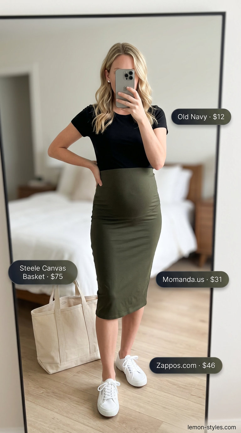Casual maternity summer outfits 2026: Olive green midi skirt, black maternity tee, white sneakers, and canvas tote.